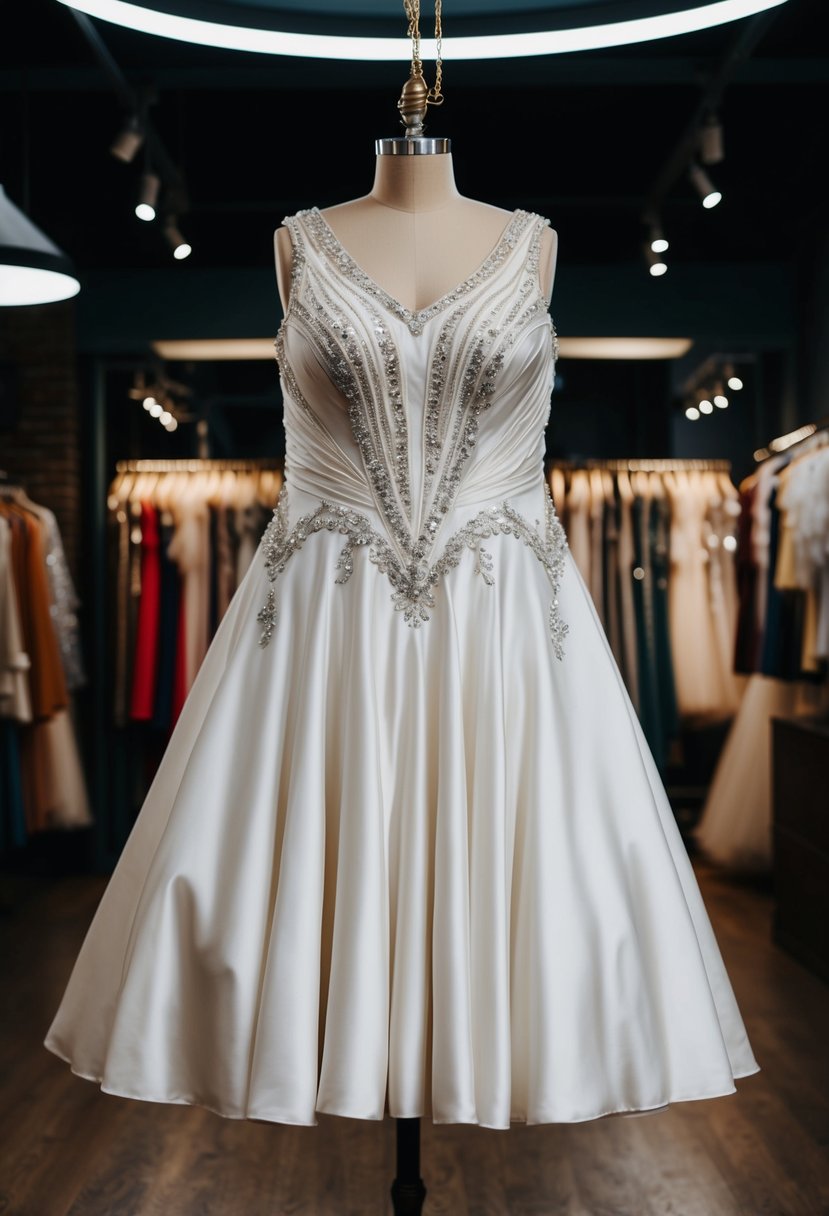 A plus size 70s wedding dress with 1920s vintage-inspired details, hanging on a mannequin in a dimly lit boutique