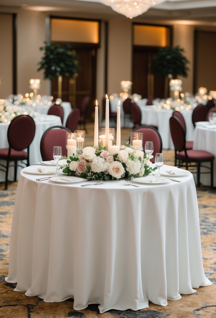 A round sweetheart table adorned with flowers and candles, set apart from the other tables in an elegant wedding reception layout