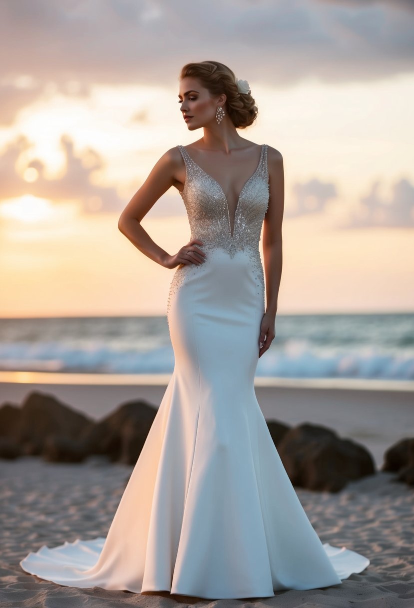 A mermaid silhouette wedding dress with a beaded bodice, inspired by 70s fashion, set against a sunset beach backdrop