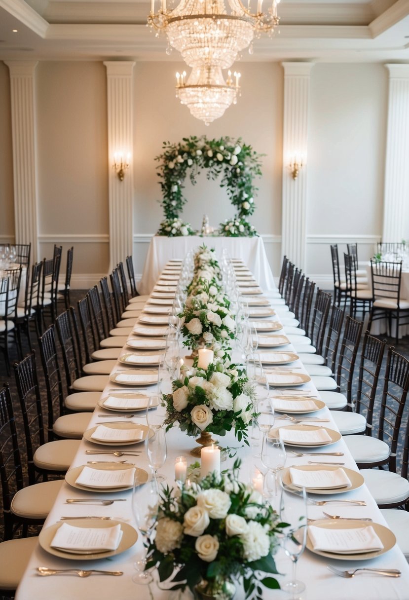 A long, elegant table adorned with white linens and floral centerpieces, set at the head of the room for a family unity wedding celebration