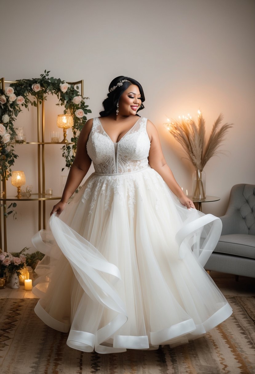 A plus-size bride twirls in a flowing tulle ball gown, surrounded by vintage 70s wedding decor and soft, romantic lighting