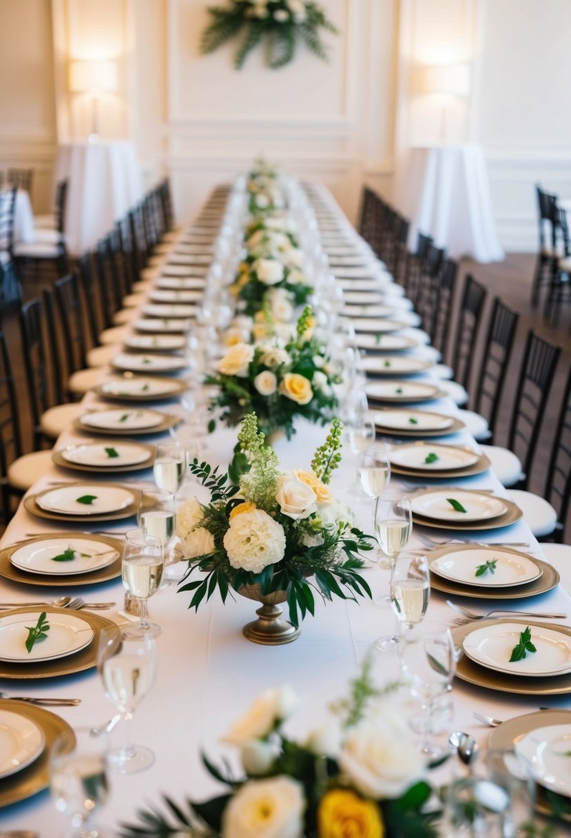 A long banquet table set with elegant place settings and floral centerpieces for a classic appeal wedding