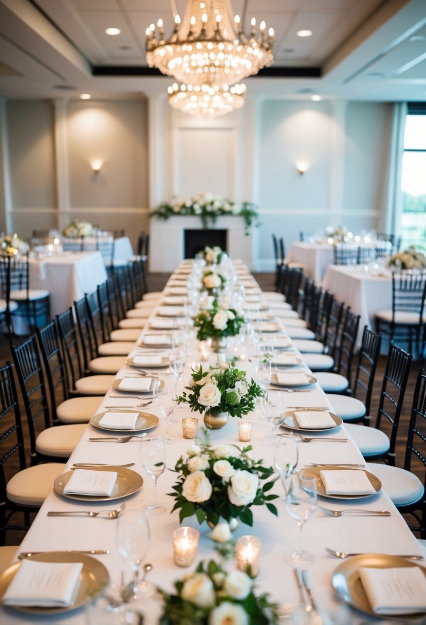 A U-shaped wedding table with elegant place settings and floral centerpieces in a spacious venue