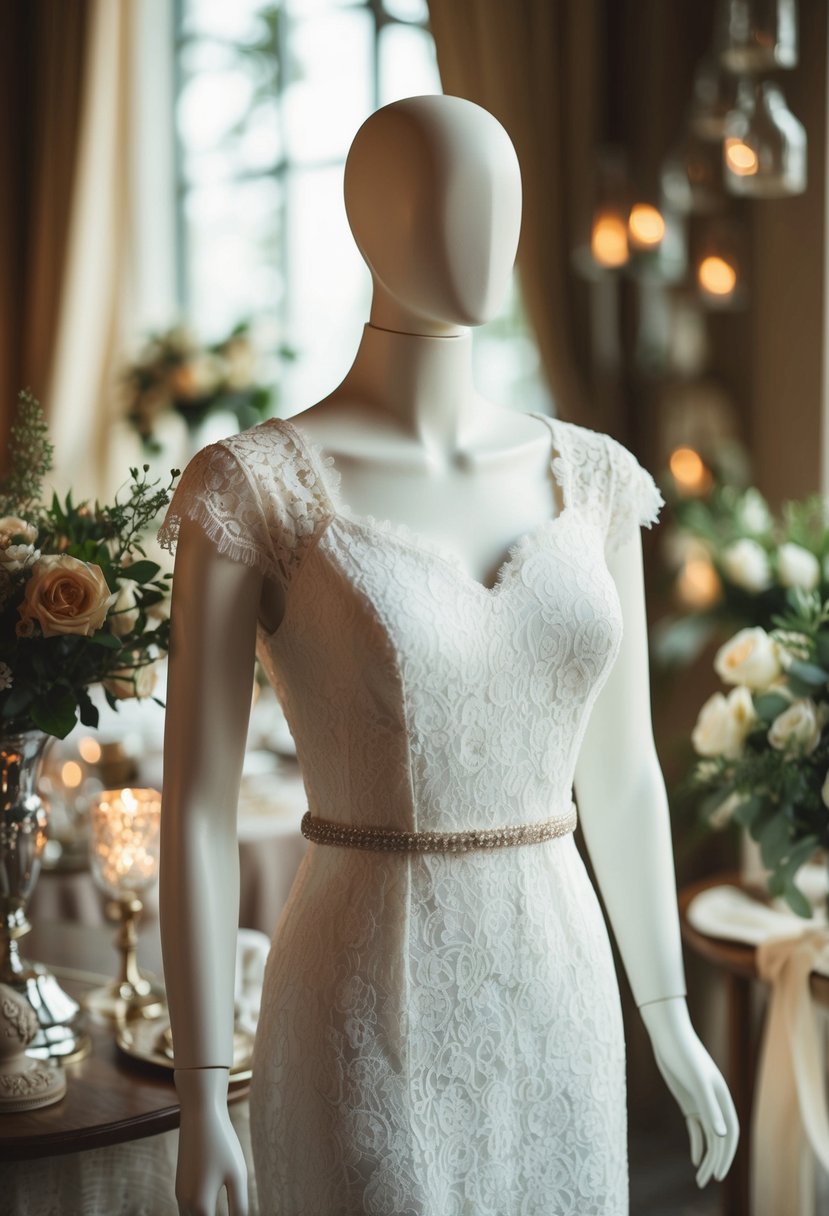 A curvy mannequin wears a 70s-inspired lace wedding dress with cap sleeves, surrounded by vintage wedding decor