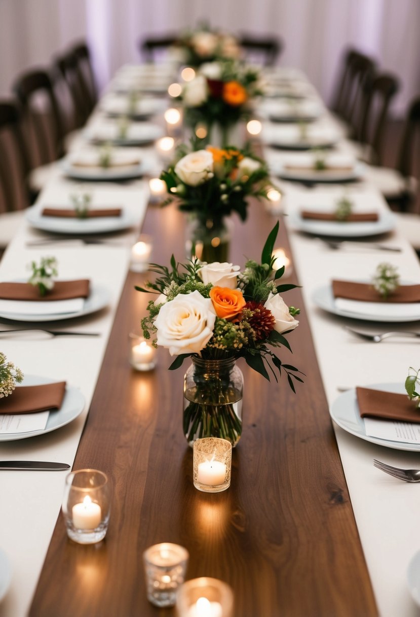 An E-shaped table layout with floral centerpieces for a small wedding reception