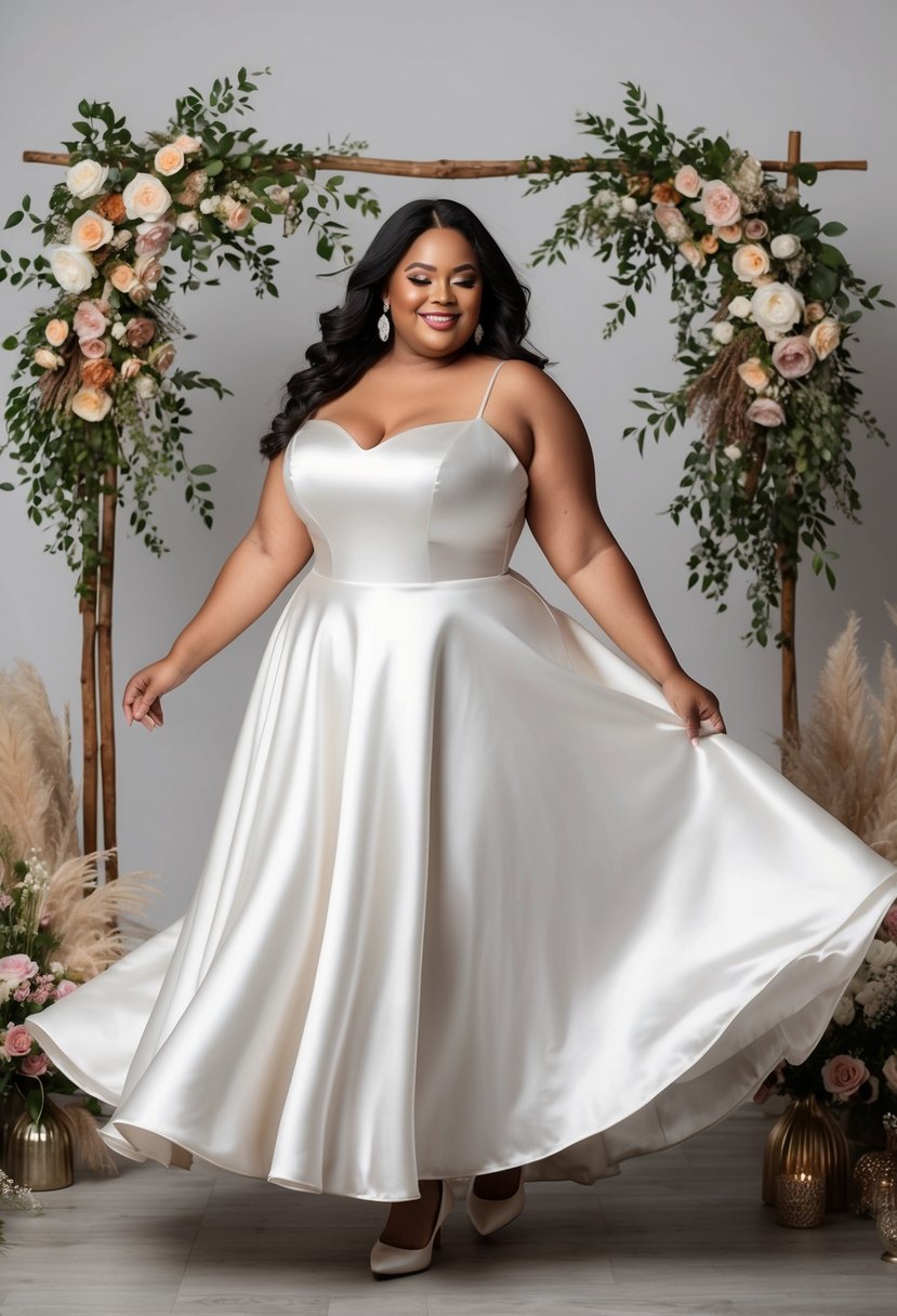 A plus-size woman twirls in a flowing satin fit-and-flare dress, surrounded by vintage 70s wedding decor and floral arrangements