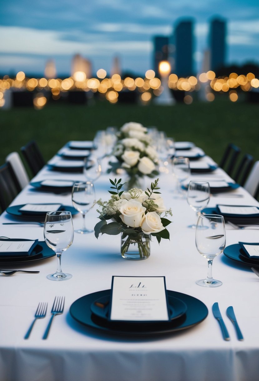 A sleek square table set with minimalist centerpieces and modern tableware for a contemporary wedding reception