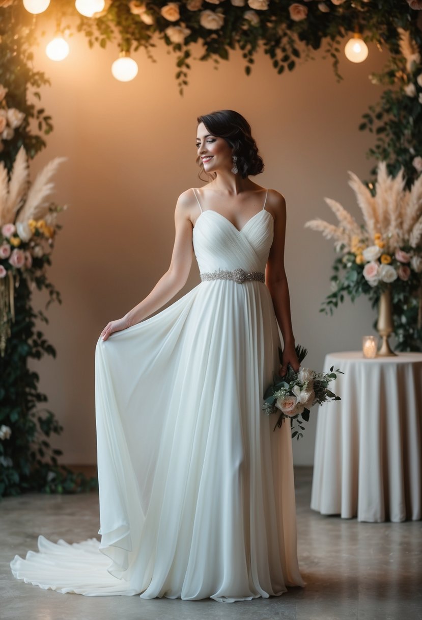 A flowing chiffon empire waist gown in a 70s-style wedding setting with vintage floral decor and soft lighting