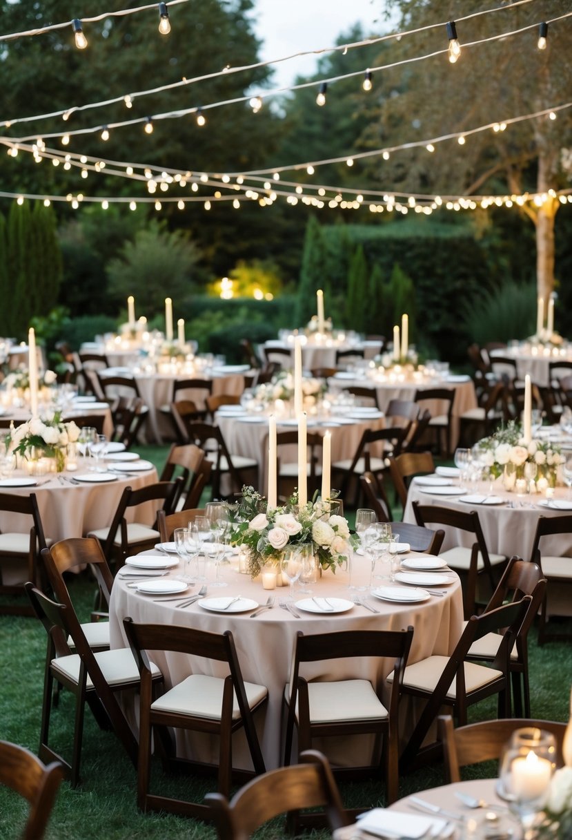 Clustered tables arranged in a spacious outdoor garden, adorned with elegant centerpieces and twinkling fairy lights, creating multiple focal points for a wedding reception