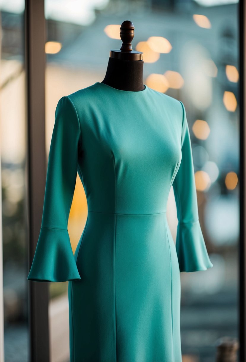 A simple, elegant crepe sheath dress on a mannequin, with 70s-inspired details like bell sleeves and a high neckline