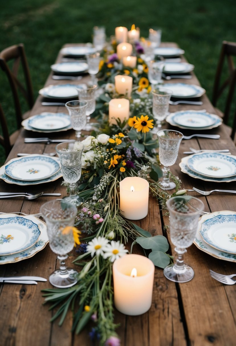 A rustic wooden table adorned with mismatched vintage china, wildflowers, and flickering candles creates an asymmetrical and creative wedding table layout