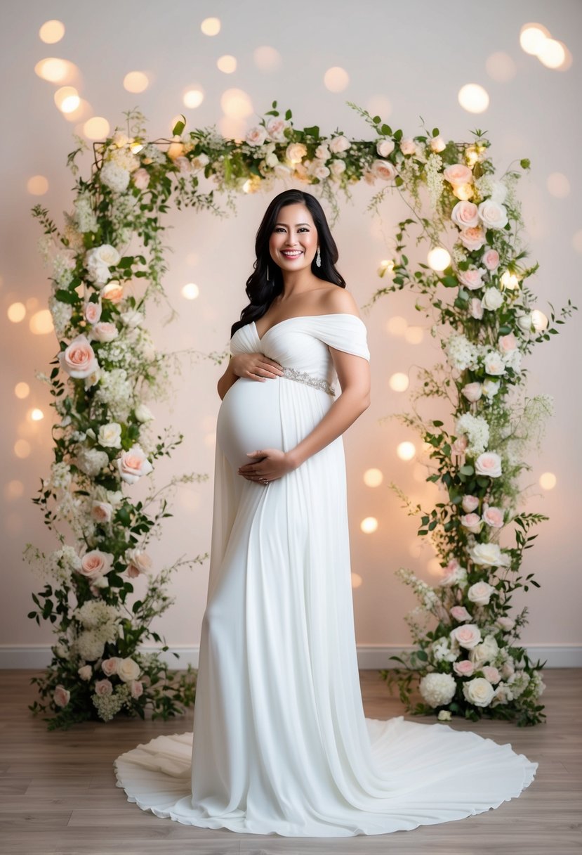 A glowing 6-month pregnant woman in a flowing white wedding dress, surrounded by delicate floral arrangements and soft, romantic lighting