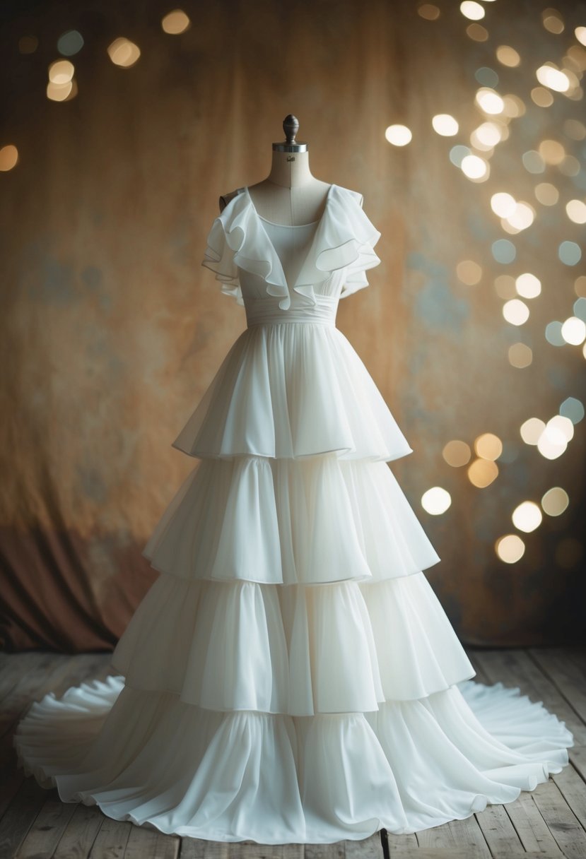 A flowing, tiered wedding dress with ruffle details, inspired by 70s fashion, set against a vintage backdrop