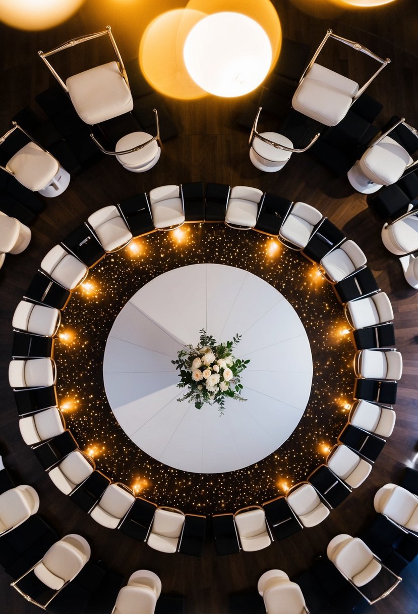 Circular seating surrounds a central dance floor, with a wedding table at the center