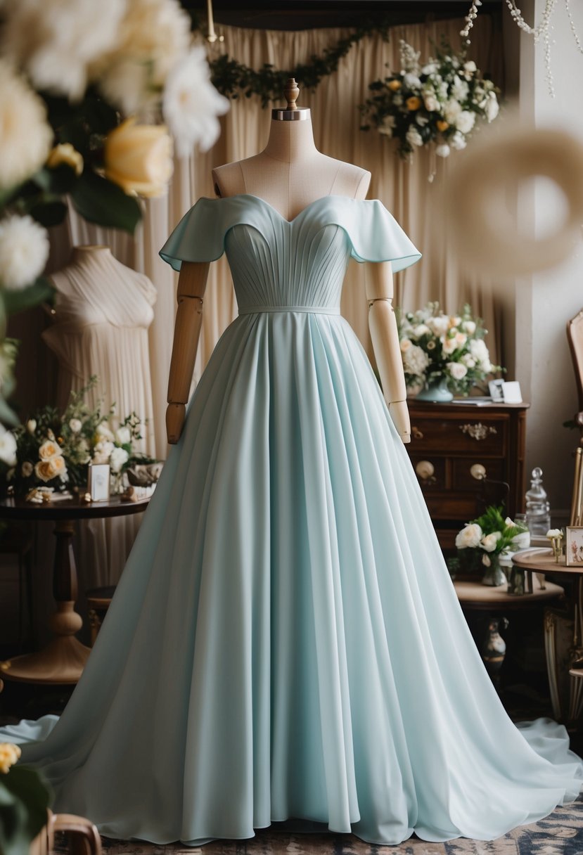 A curvy mannequin wears a flowing, off-shoulder princess dress with a 70s-inspired design, surrounded by vintage wedding decor