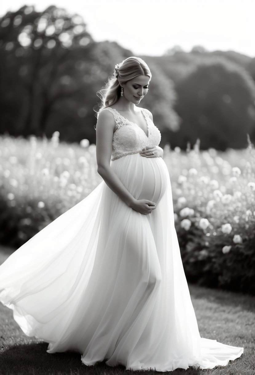 A pregnant bride in a flowing A-line wedding dress, exuding comfort and elegance