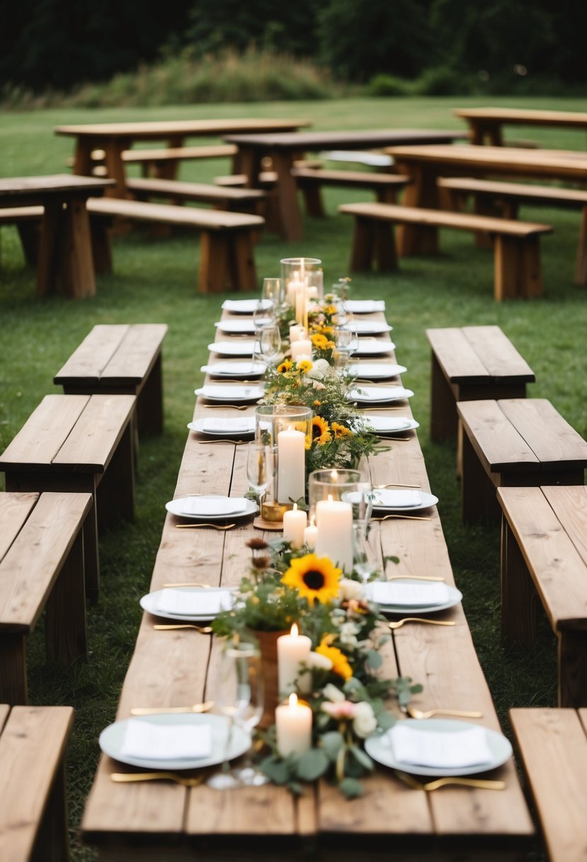 Several wooden benches arranged in a semi-circle around a rustic wedding table. Wildflowers and candles adorn the table, creating a cozy and intimate atmosphere