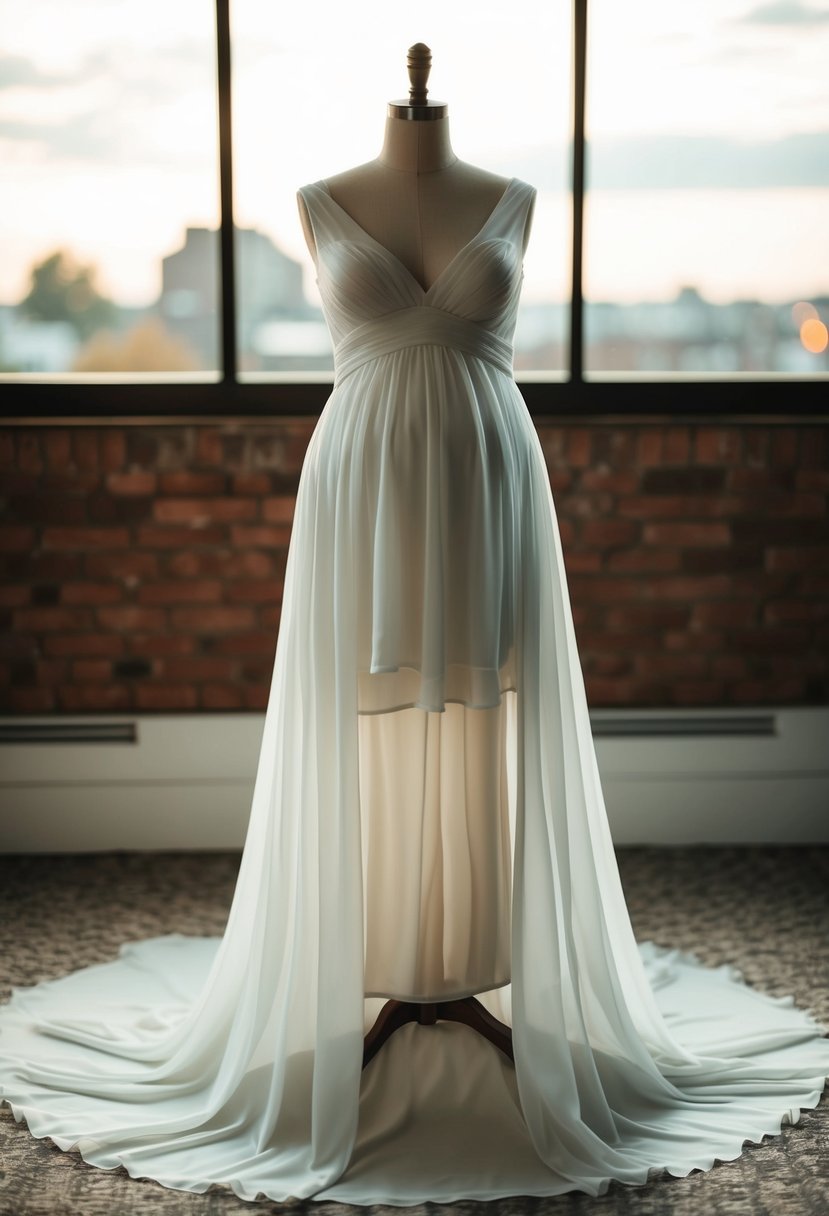 A flowing chiffon wedding dress draped over a mannequin with a subtle baby bump underneath