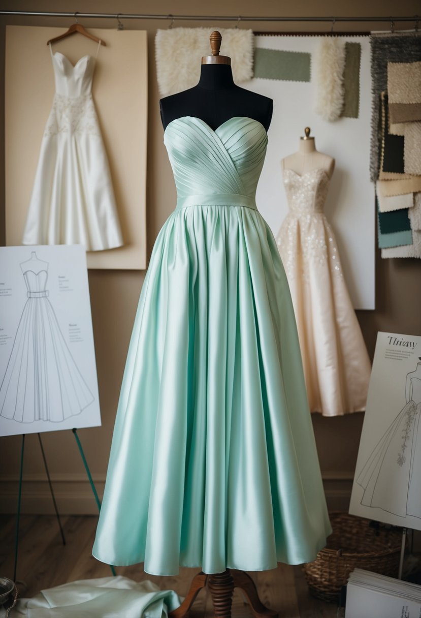 An elegant strapless taffeta gown hangs on a vintage mannequin, surrounded by 70s wedding dress sketches and fabric swatches