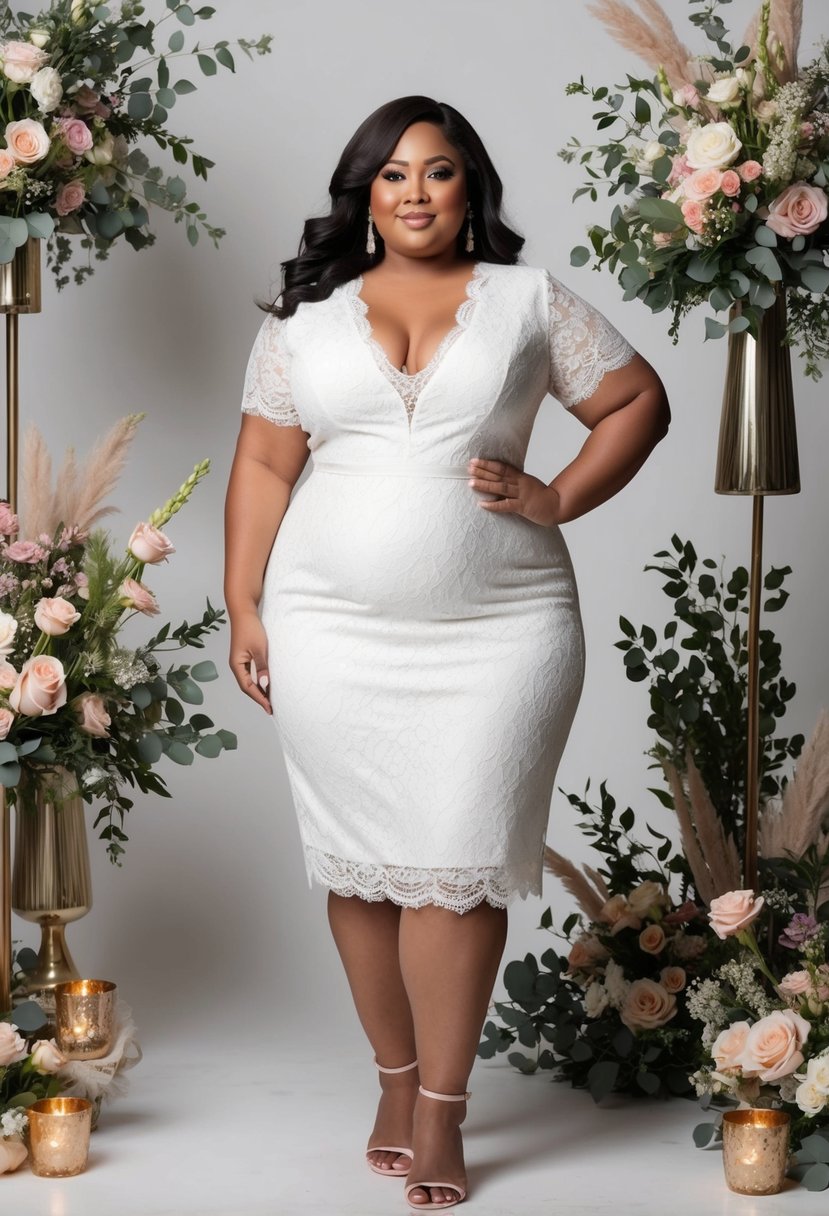 A plus-size woman in a v-neck lace trumpet dress, surrounded by 70s wedding decor and floral arrangements