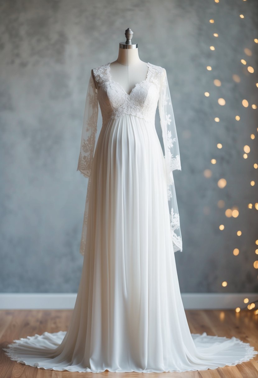 A flowing wedding dress with delicate lace overlays drapes over a rounded belly, exuding timeless beauty