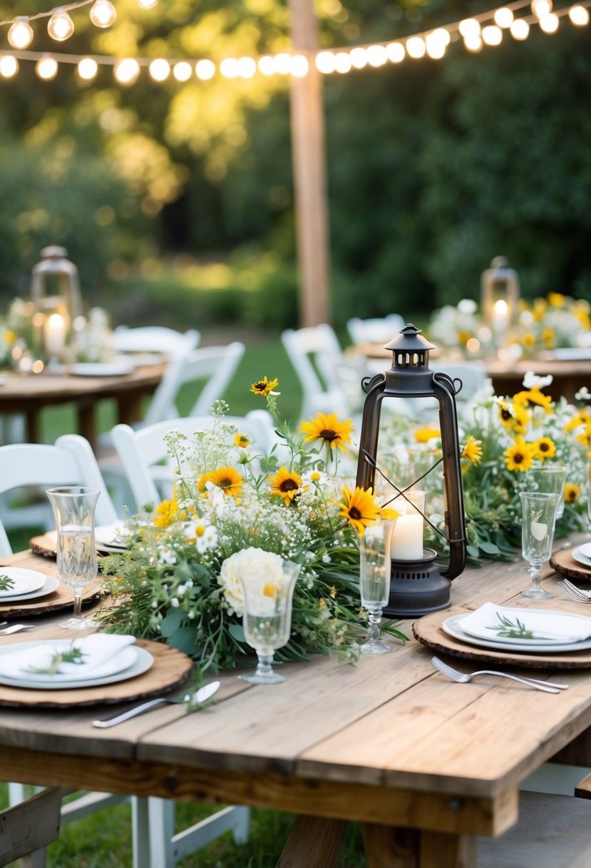 Rustic farm tables adorned with wildflowers and vintage lanterns create a charming country vibe for a wedding reception