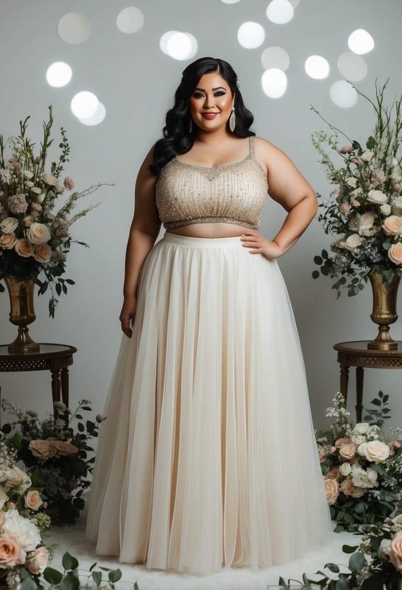 A plus-size bride in a 70s-inspired tulle skirt and beaded top, surrounded by vintage wedding decor and floral arrangements