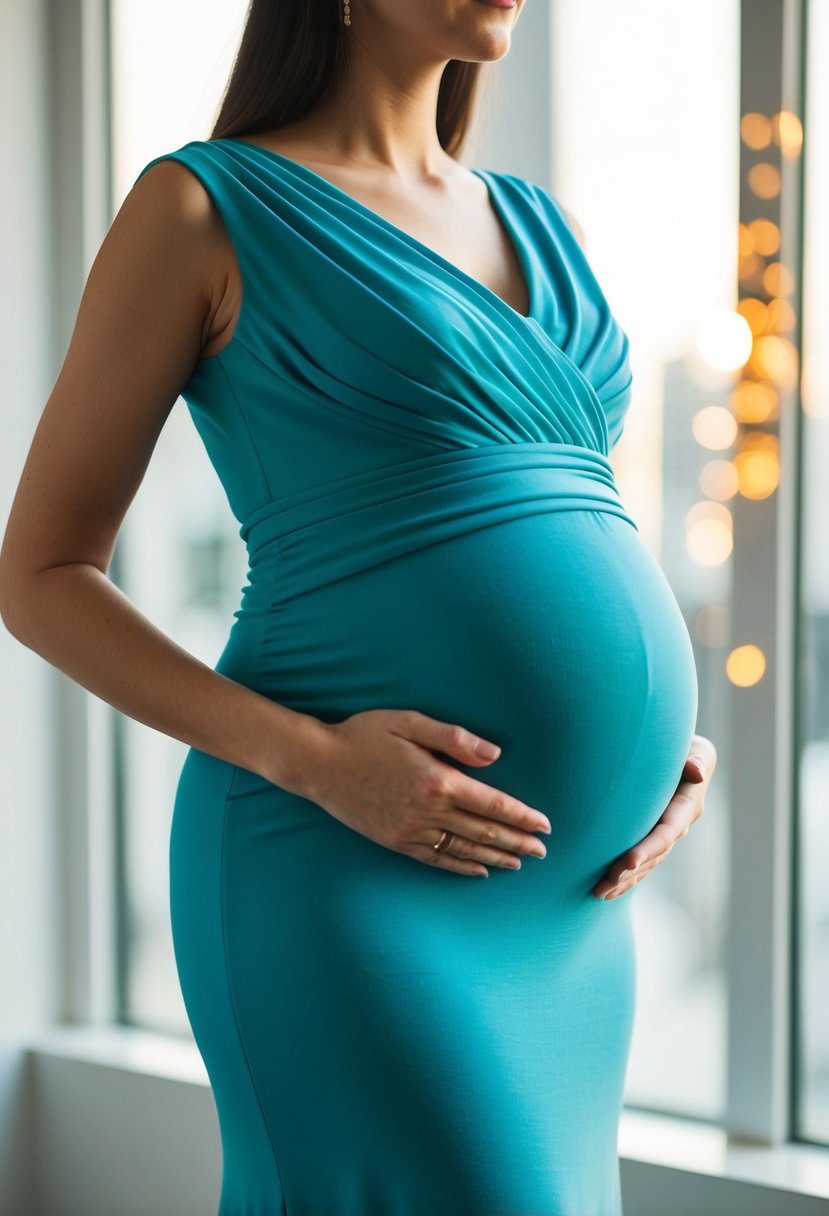 An empire waist dress drapes elegantly over a rounded form, accentuating the baby bump