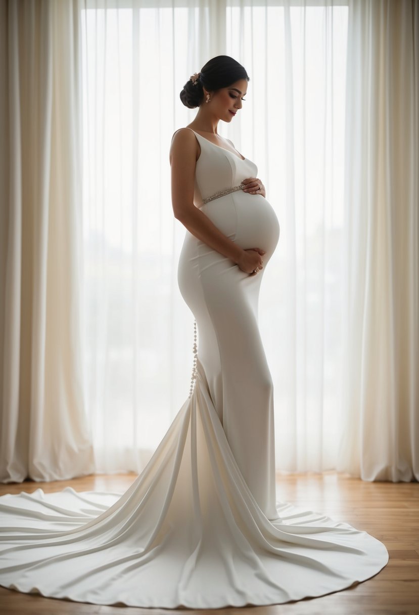 A flowing, floor-length wedding dress with a detachable train, designed to accommodate a 6-month pregnant figure, with elegant details and soft, comfortable fabric