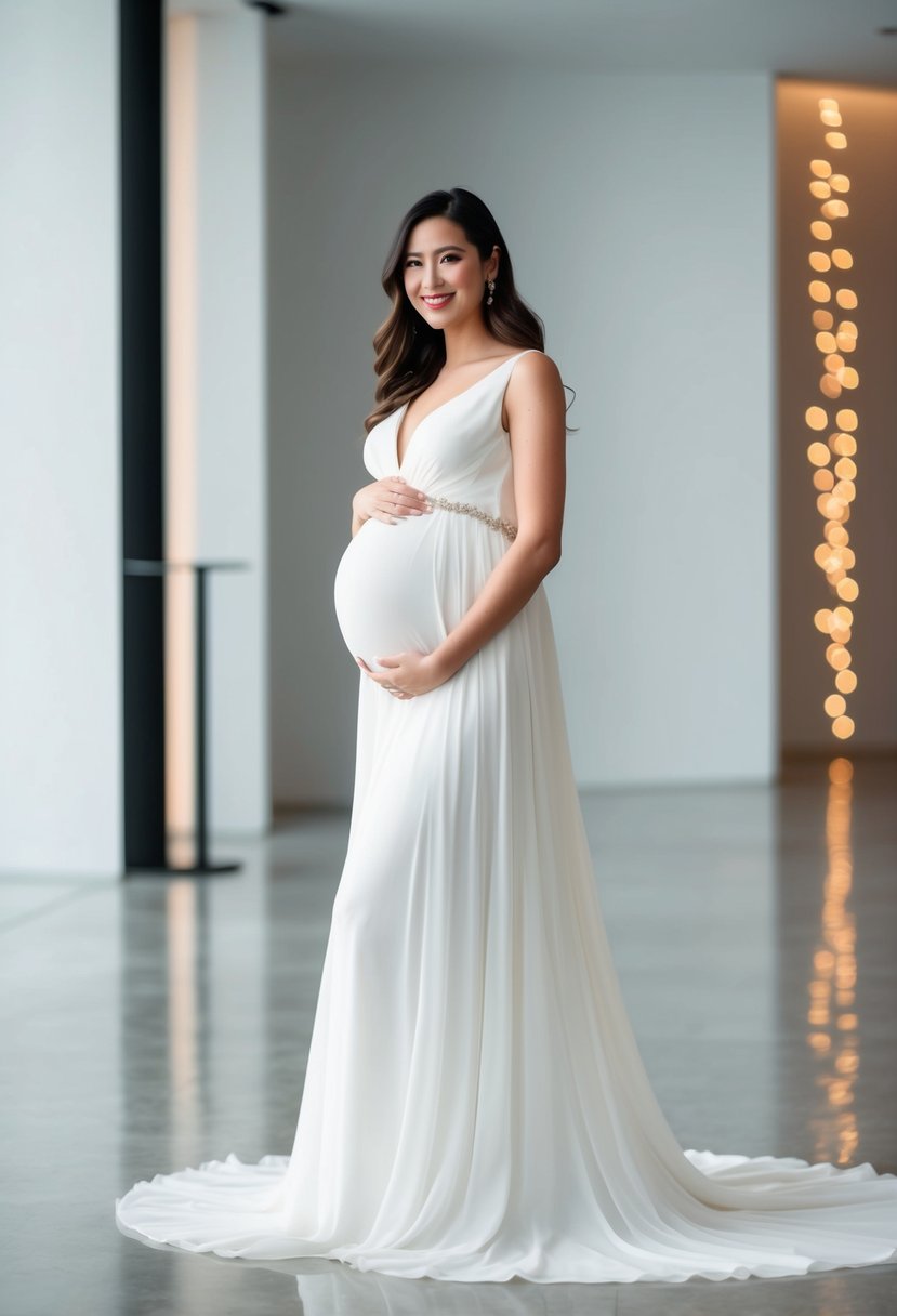 A pregnant bride in a flowing wedding gown with a high-low hemline, standing in a modern, minimalist ceremony space