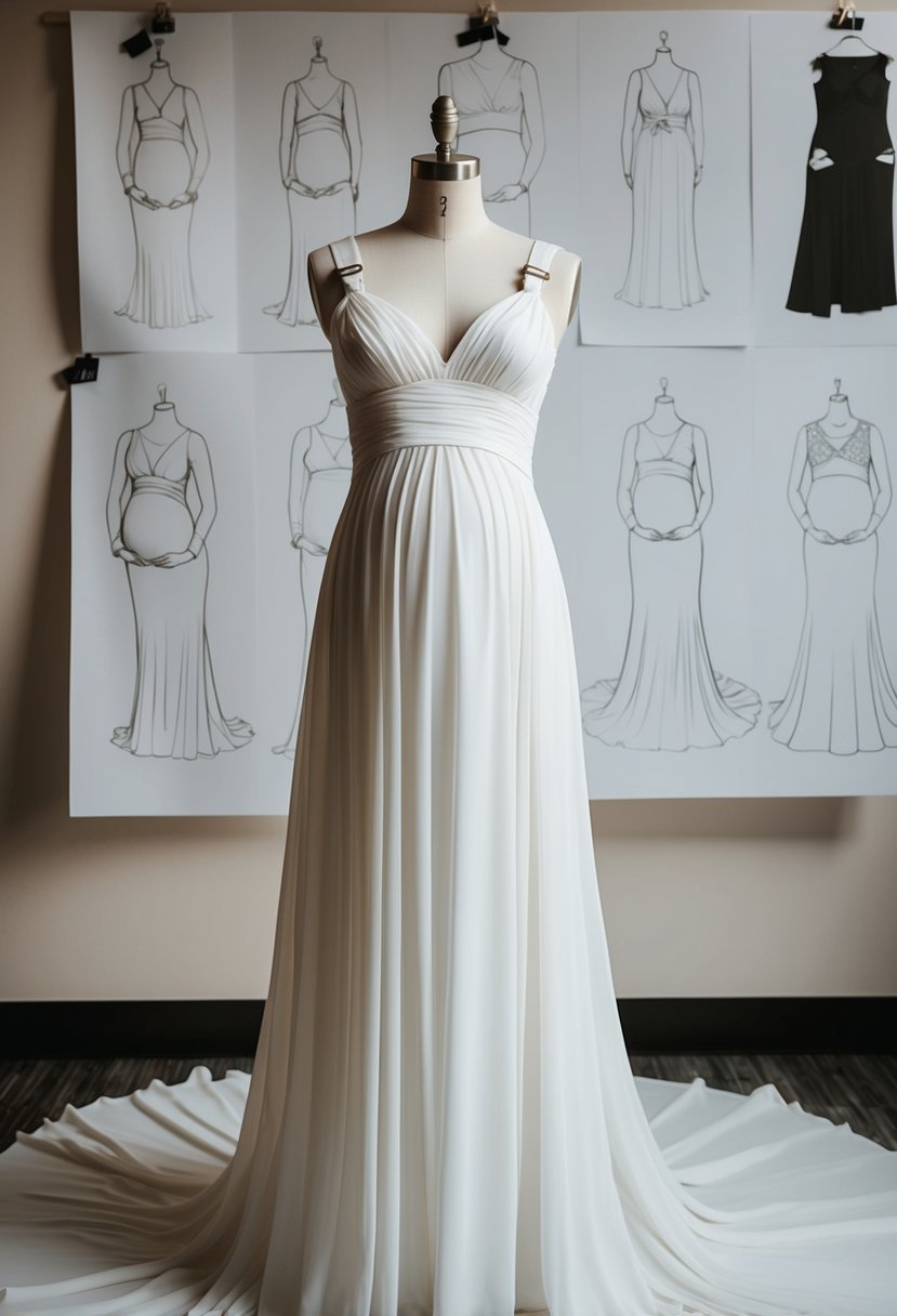 A mannequin wearing a flowing white gown with adjustable straps, surrounded by sketches of maternity wedding dress designs