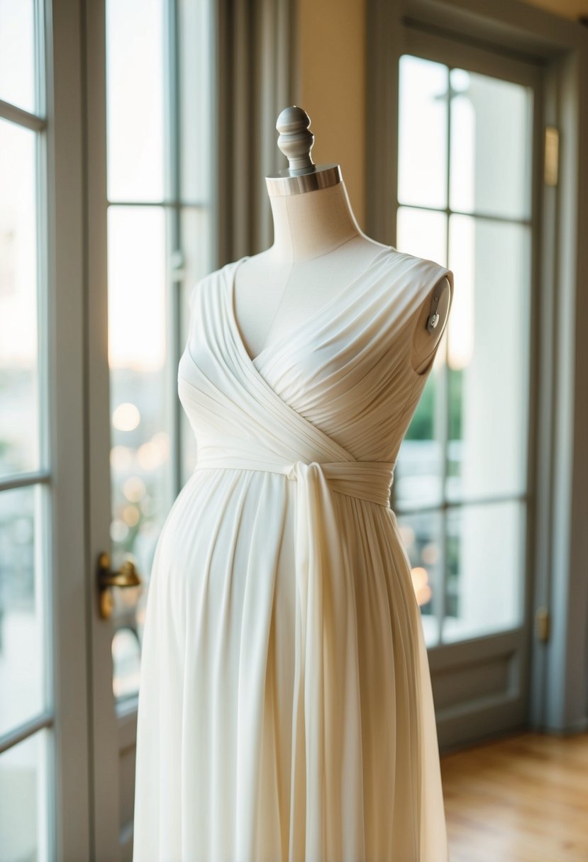 A mannequin in a flowing wrap dress, accentuating a growing baby bump, with elegant details perfect for a wedding