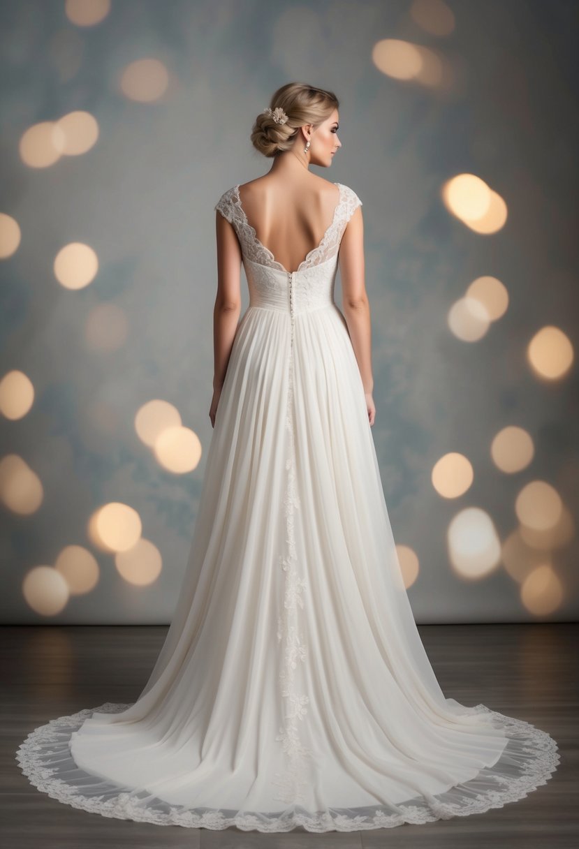 A flowing, empire-waist gown with delicate lace details and a gentle, cascading train