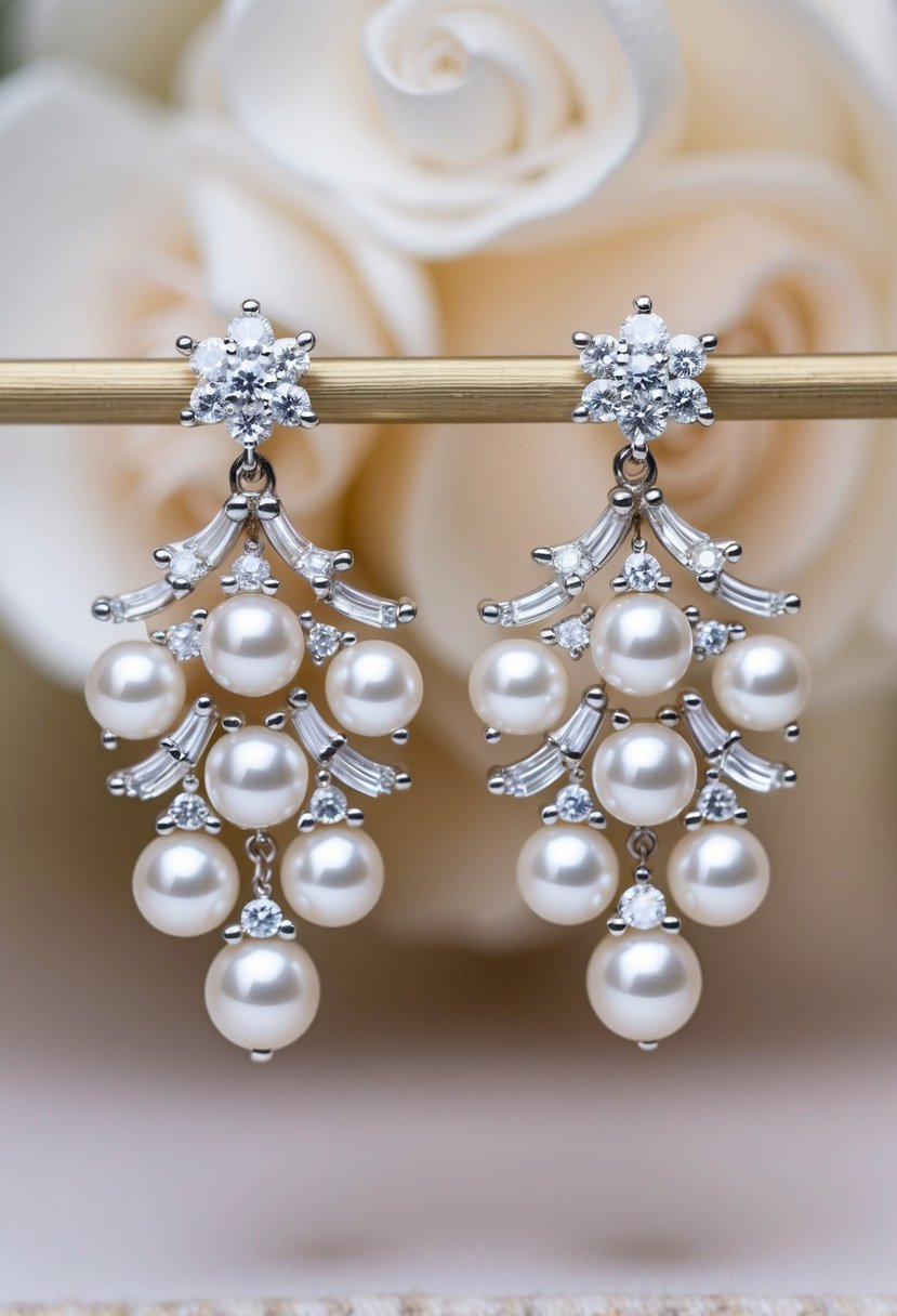 A pair of elegant wedding earrings featuring lustrous pearls and sparkling diamonds arranged in a delicate and intricate design