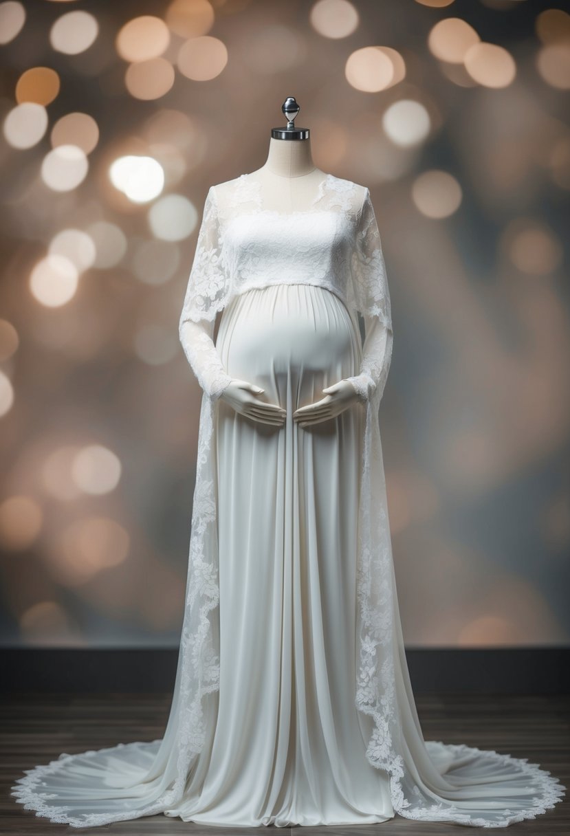 A mannequin draped in a flowing, stretchy fabric, with a delicate lace overlay, showcasing a design for a 6 months pregnant wedding dress