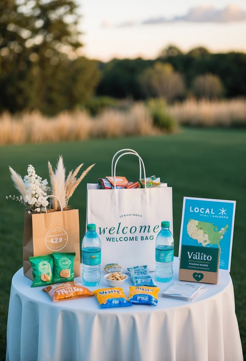 A table with a variety of wedding welcome bag items: snacks, water bottles, maps, and local souvenirs