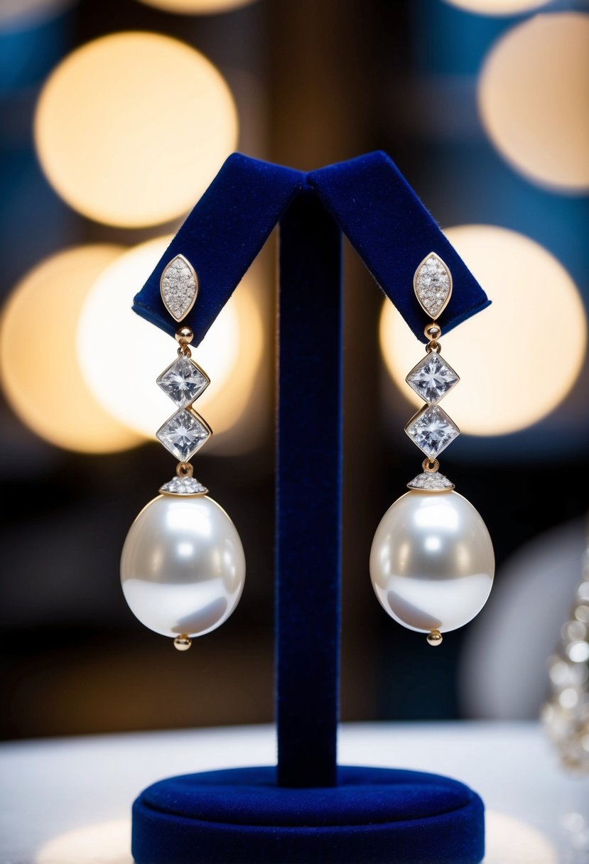 A pair of classic pearl drop earrings with diamond accents, elegantly displayed on a velvet jewelry stand