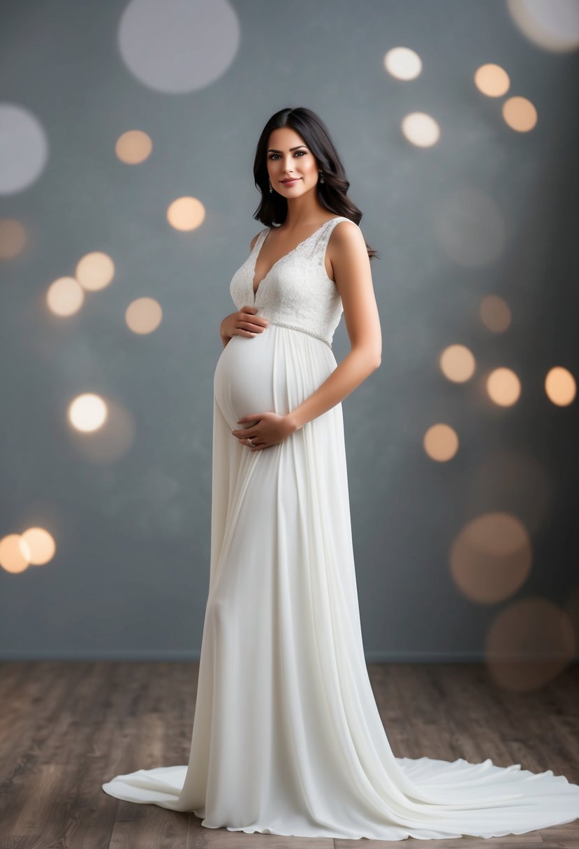 A pregnant woman stands in a flowing V-neckline wedding dress, her figure balanced and elongated