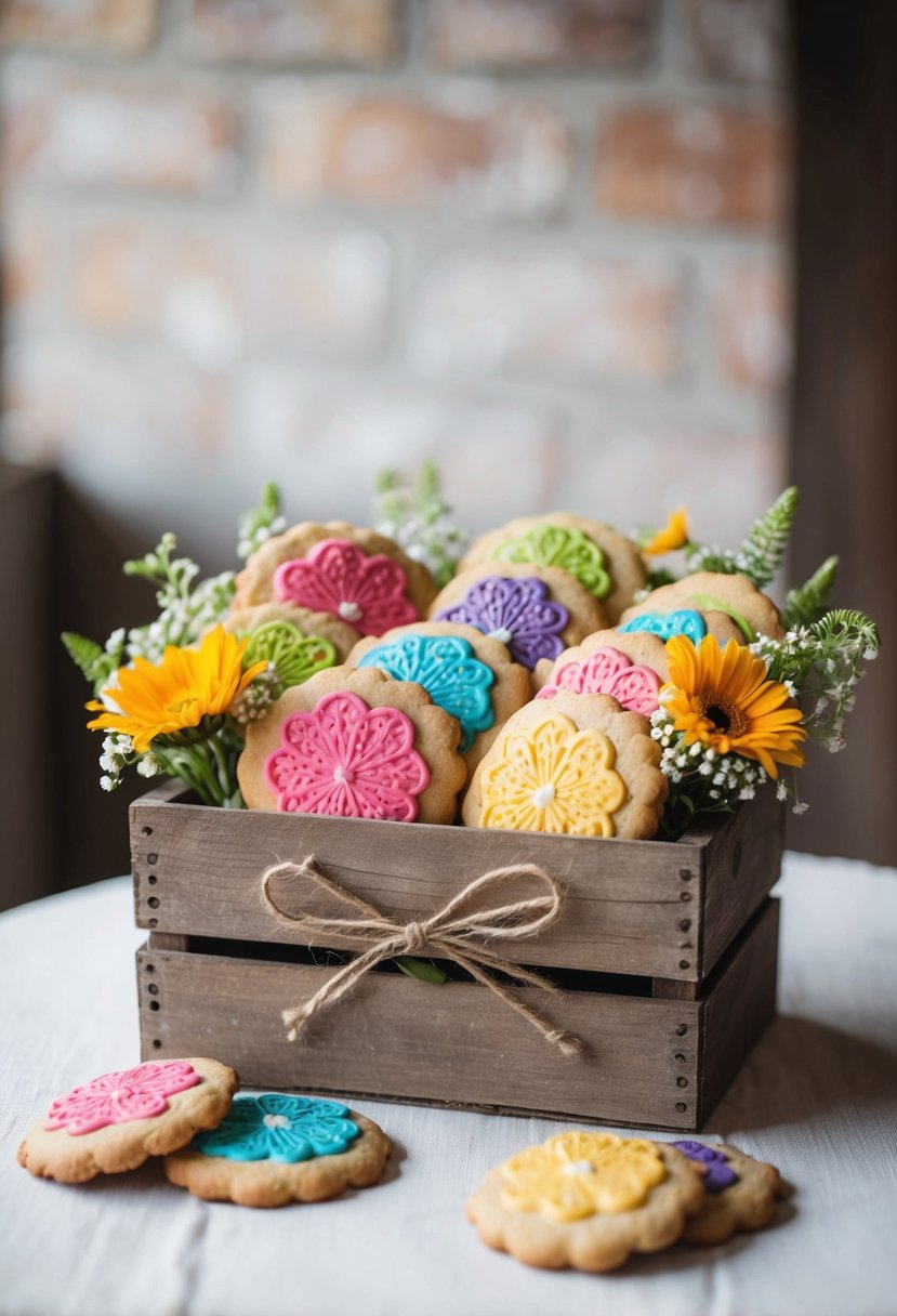 A rustic wooden crate filled with colorful, handcrafted cookies, tied with twine and adorned with fresh flowers, sits on a table