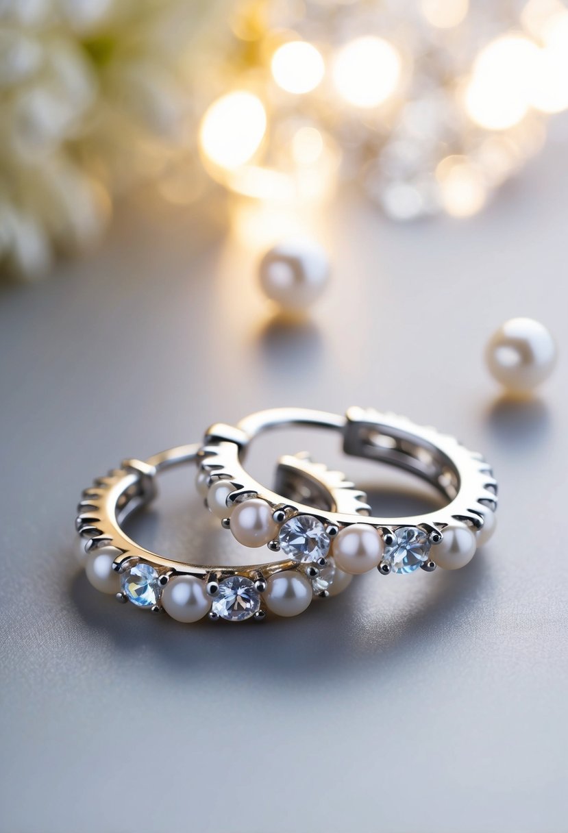 A pair of Swarovski crystal and pearl cluster hoop earrings, gleaming under soft lighting, with delicate diamond accents