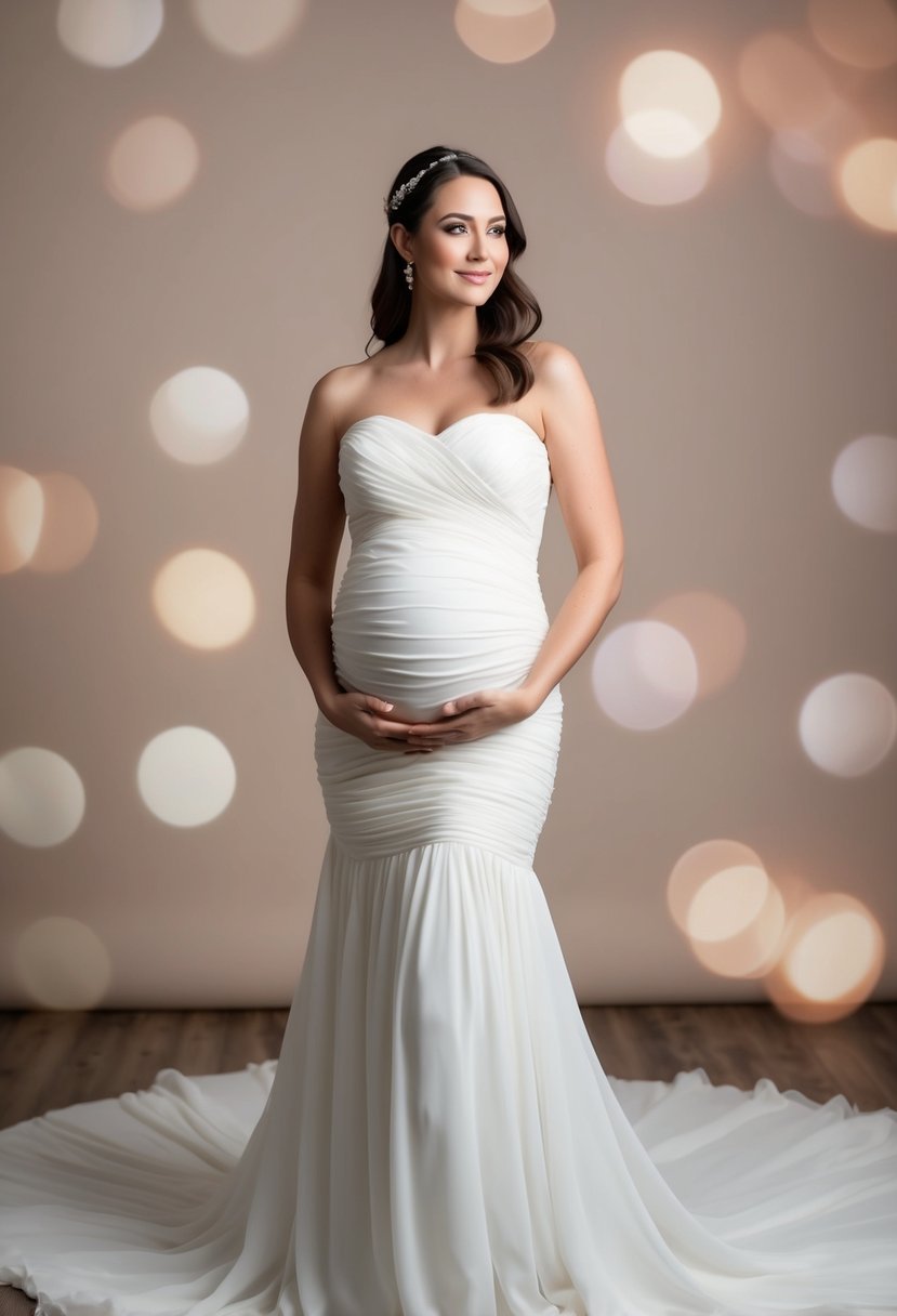 A flowing, empire-waist wedding gown with delicate ruching and subtle gathering to accommodate a growing baby bump