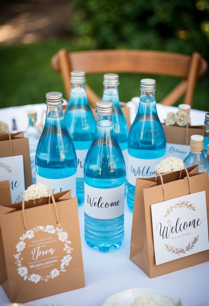 A table with personalized water bottles, surrounded by wedding welcome bags and decorative items