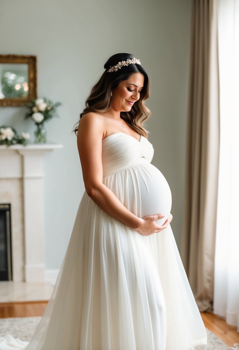 A pregnant woman trying on a flowing wedding dress with an elastic waistband for comfort