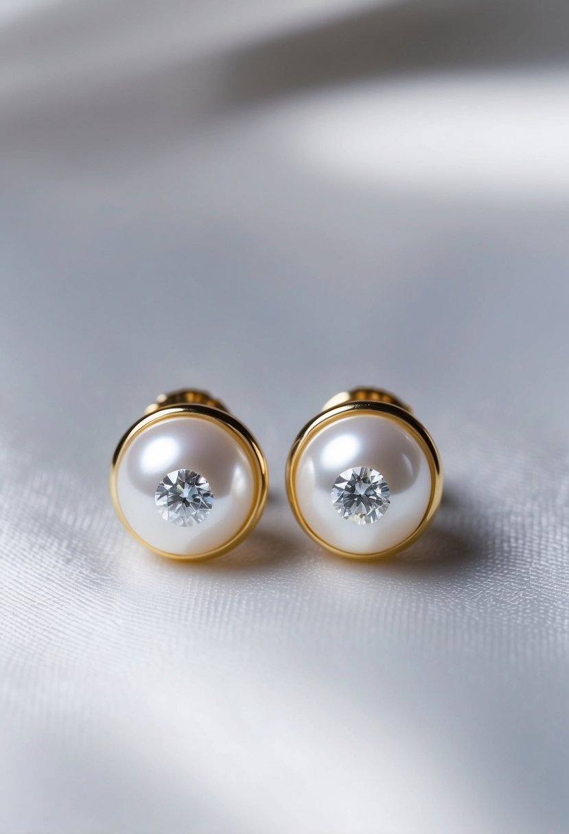 A pair of elegant pearl and diamond studs, gleaming against a soft white satin background