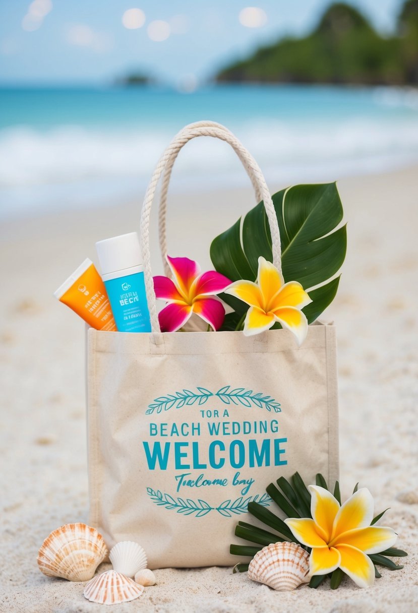 A beach wedding welcome bag with travel-sized sunscreen, seashells, and tropical flowers