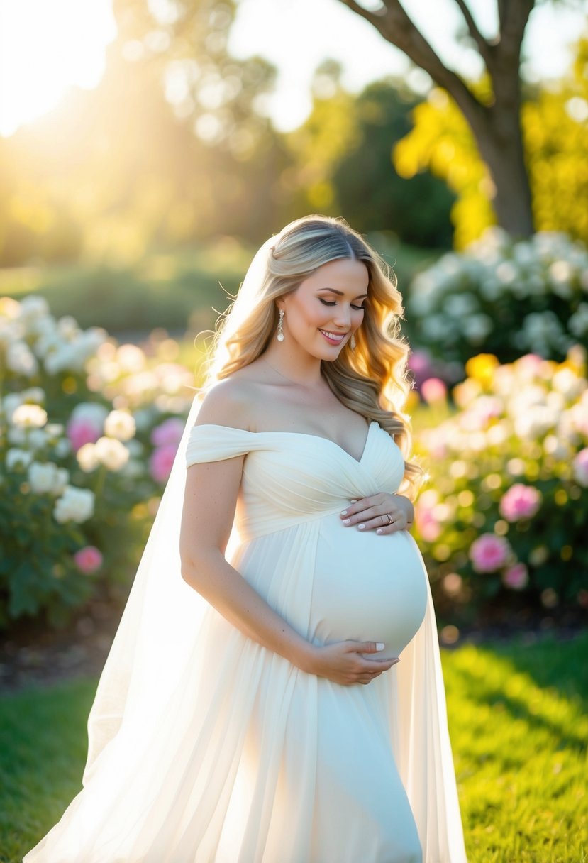 A glowing pregnant woman in a flowing white wedding dress, surrounded by blooming flowers and warm sunshine