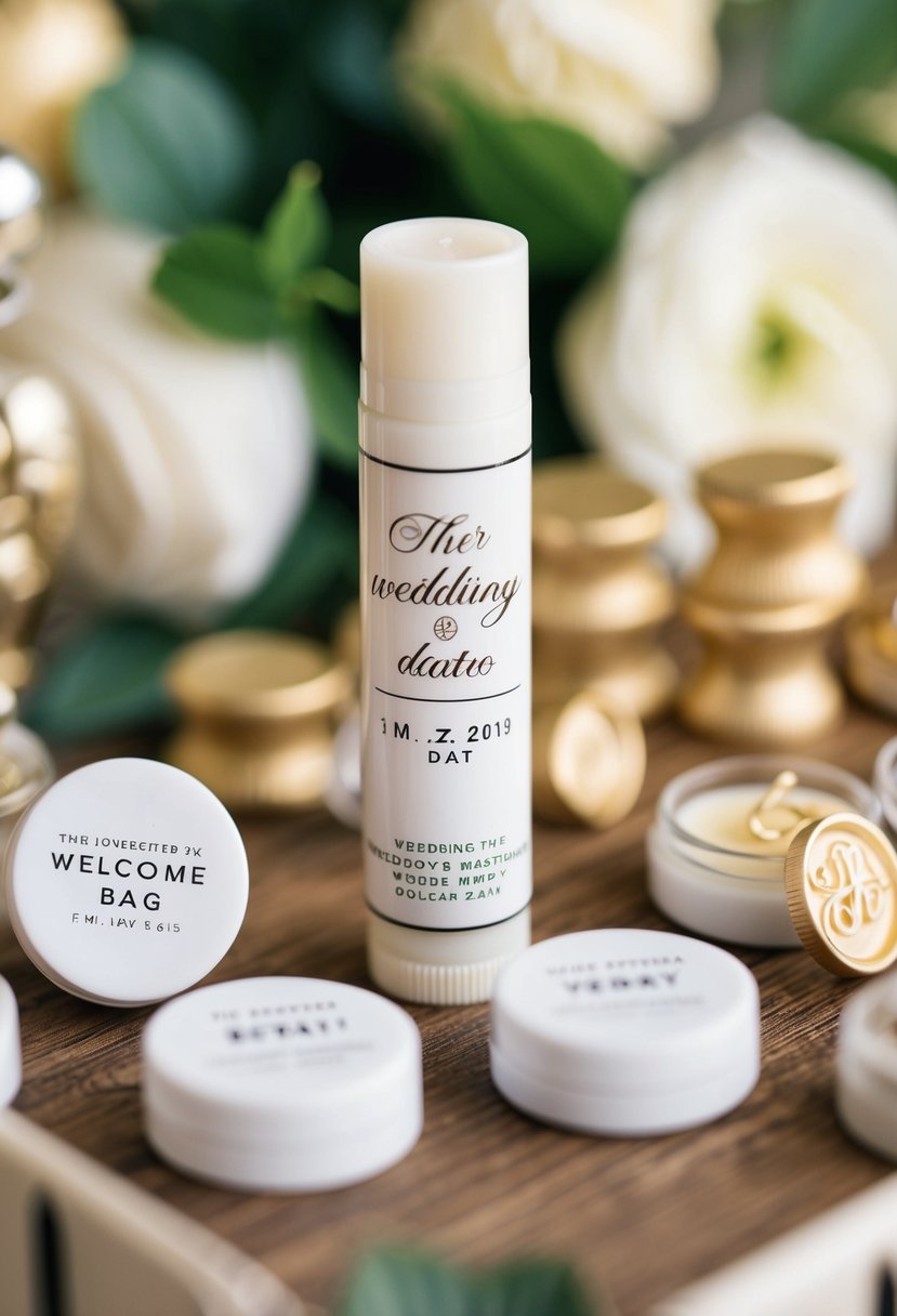 A lip balm tube with the wedding date printed on it, surrounded by other wedding welcome bag items