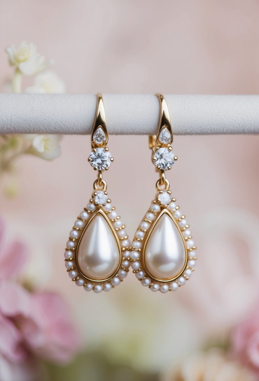 A close-up of vintage-inspired teardrop earrings with pearls and diamonds, set against a soft, romantic backdrop