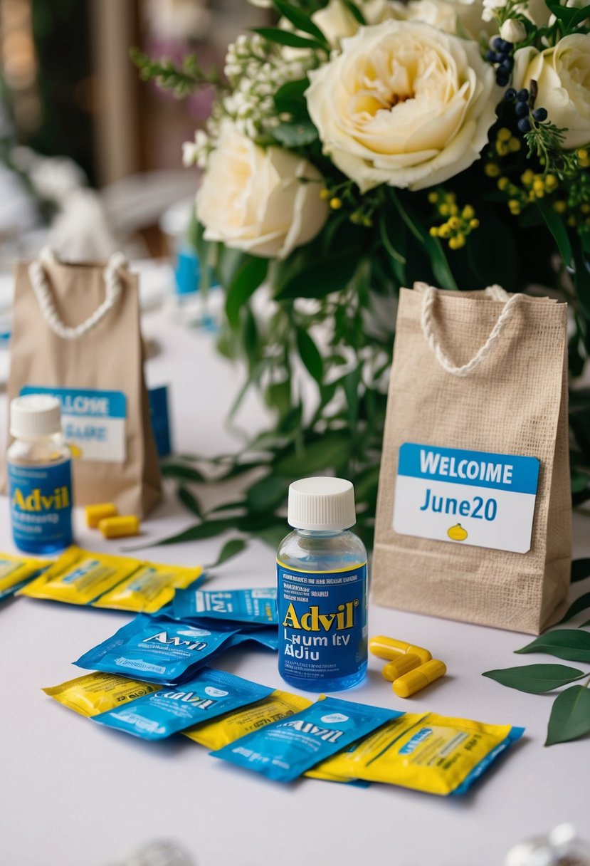 A table with Advil and Liquid IV packets, surrounded by wedding decor and a welcome bag