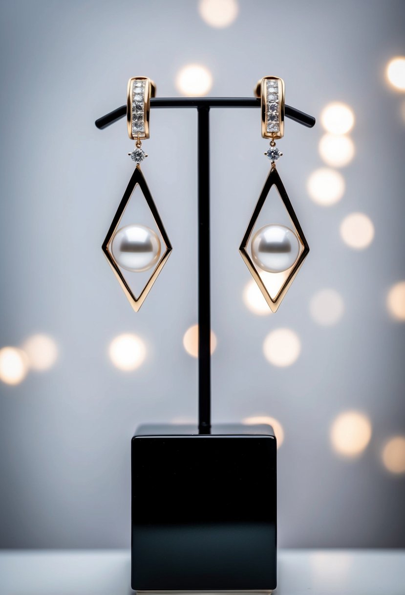 A pair of modern geometric pearl and diamond earrings displayed on a sleek, minimalist pedestal